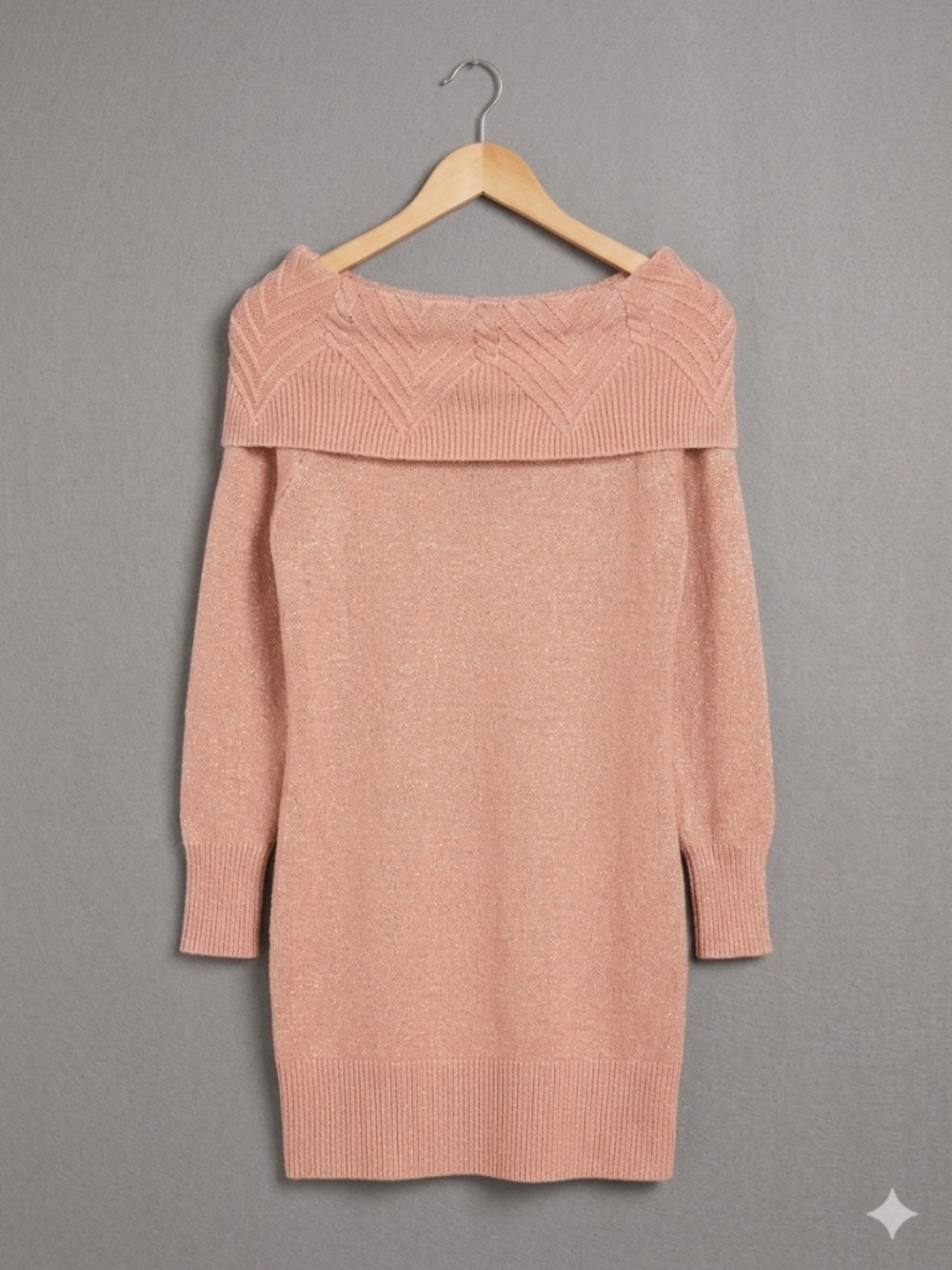 Candie's Rose Gold Metallic Off Shoulder Sweater Dress Sparkly Knit Pink Mini Sm